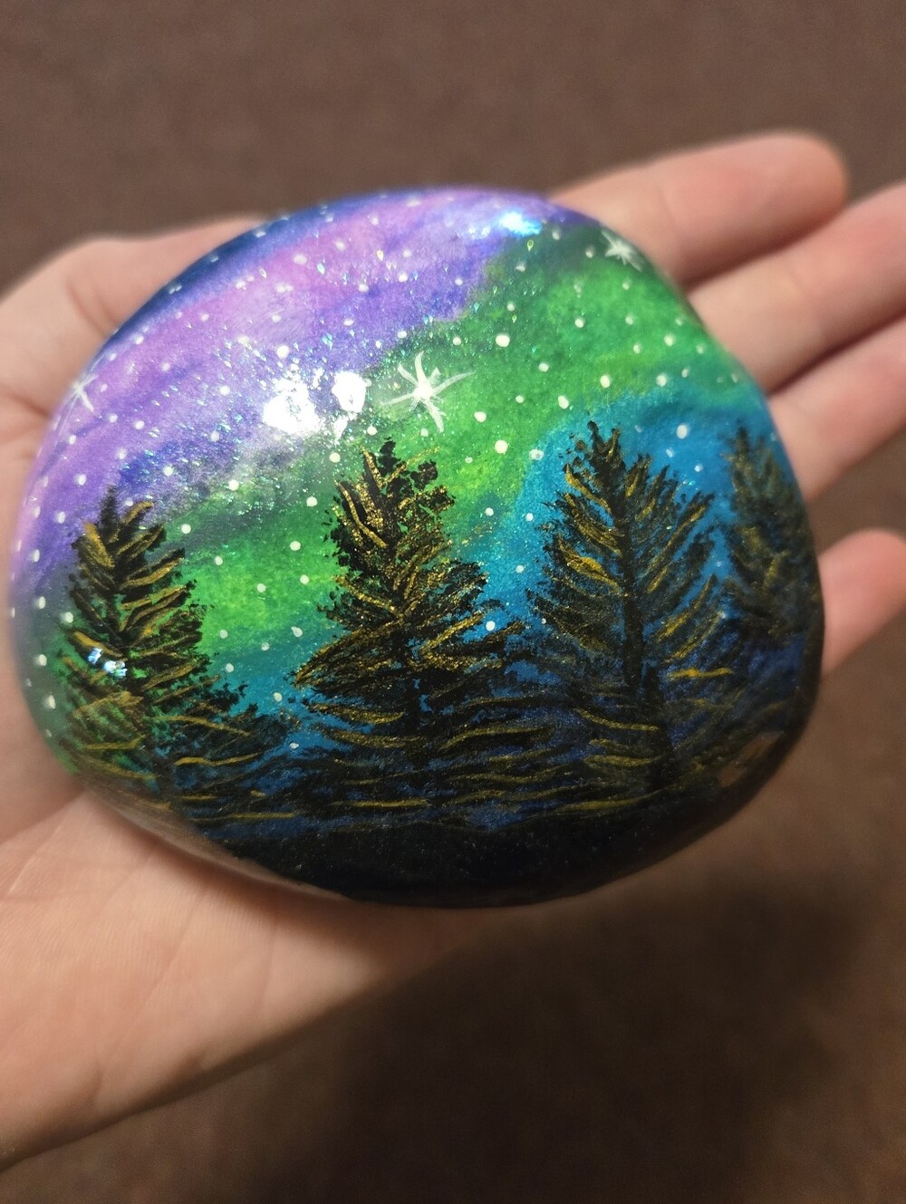 Hand Painted Rock Night Sky Aurora  Borealis Cedar Trees Mountains Art